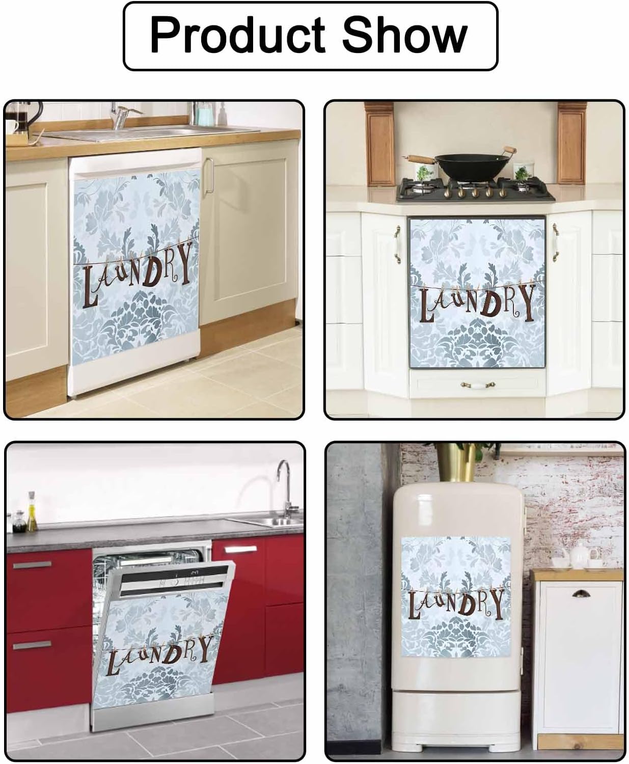 Dishwasher Magnet Cover, Laundry Blue Dishwasher Lid Magnetic Kitchen Sticker, Vintage Boho Modern Country Style Flower Resuable Refrigerator Magnet Covers Decal Fridge Kitchen Appliance 23''x26''