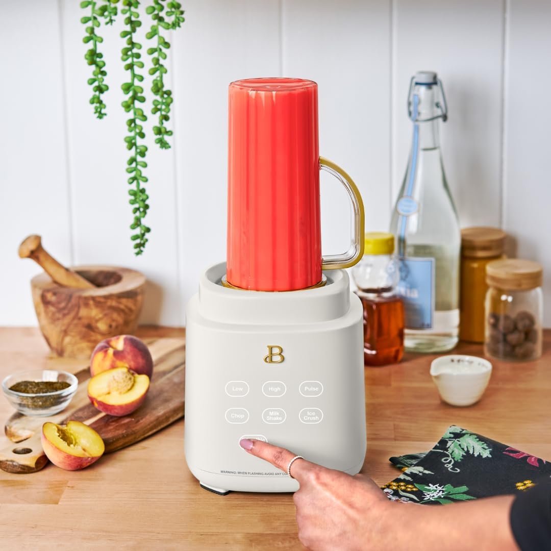 Beautiful PowerExact Blender System, 700W, Touch Display, PrecisionSense Tech, 50oz Tritan Jar + 20oz To-Go Cup, 4 Presets, Ice Crush, Smoothie, Dishwasher Safe, Gold Accents (White Icing)