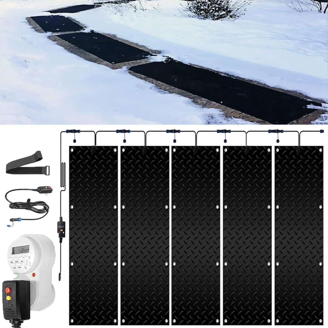 Heated Snow Melting Mats with Timer, 1/2/3/4/5 Pcs Non Slip Rubber Heated Mat with Power Cord for Entrances Heat Track Snow Melting Mats Outdoor Stairs Non-Slip Win(5 Pcs-12x24in/(30x60cm))