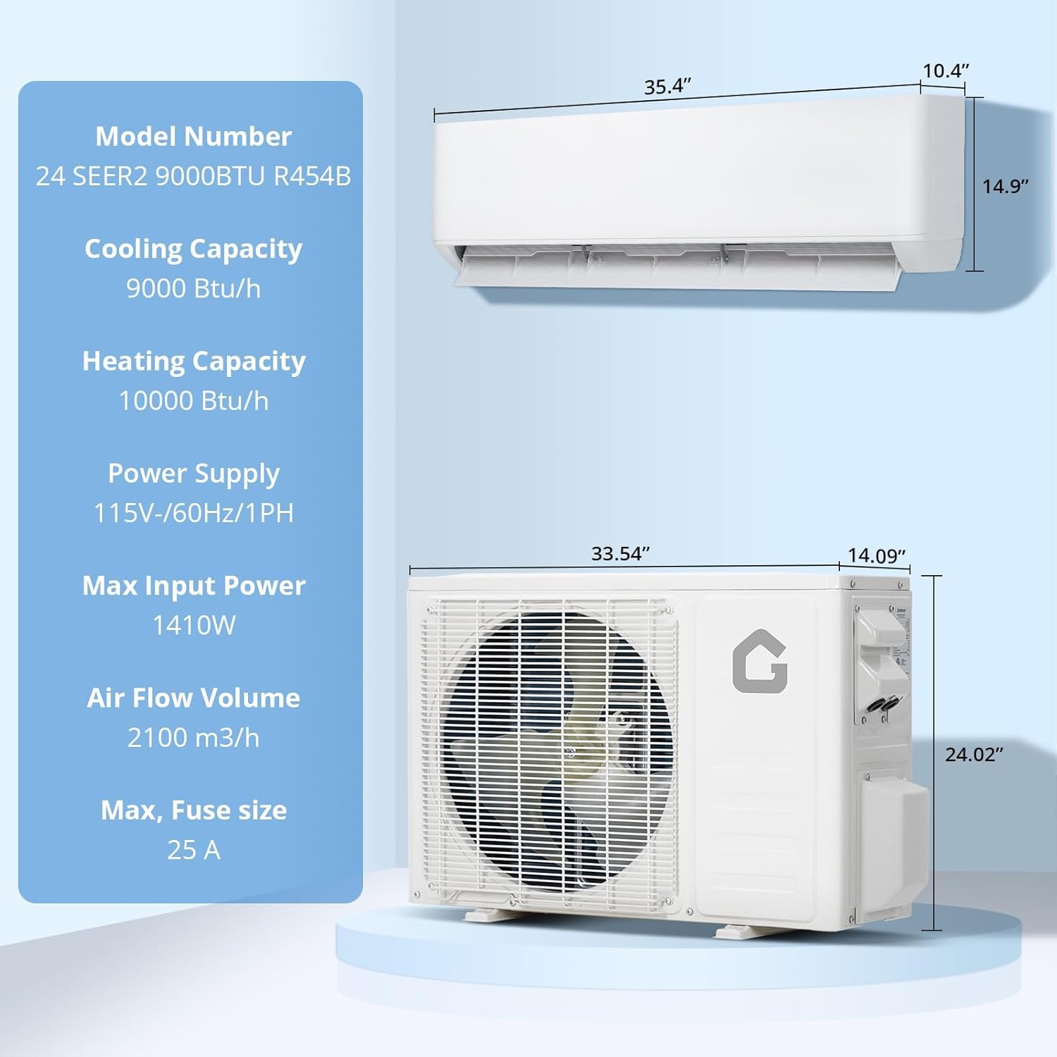 9,000 BTU Mini Split Air Conditioner & Heat Pump, Ultra Quiet, ENERGY STAR, 24 SEER2, 115v Standard Plug, Ductless AC, r454b Green Refrigerant, Remote, Cools & Heats Rooms Up to 450 Sq.Ft