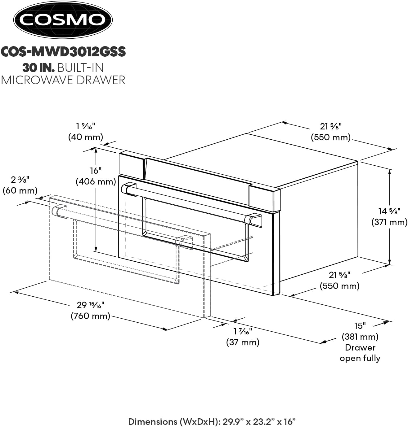 COSMO COS-MWD3012GSS 30 in. Haven Collection 1.2 cu. ft. Built-in Microwave Drawer, Presets, Touch Controls, Defrosting Rack, Stainless Steel