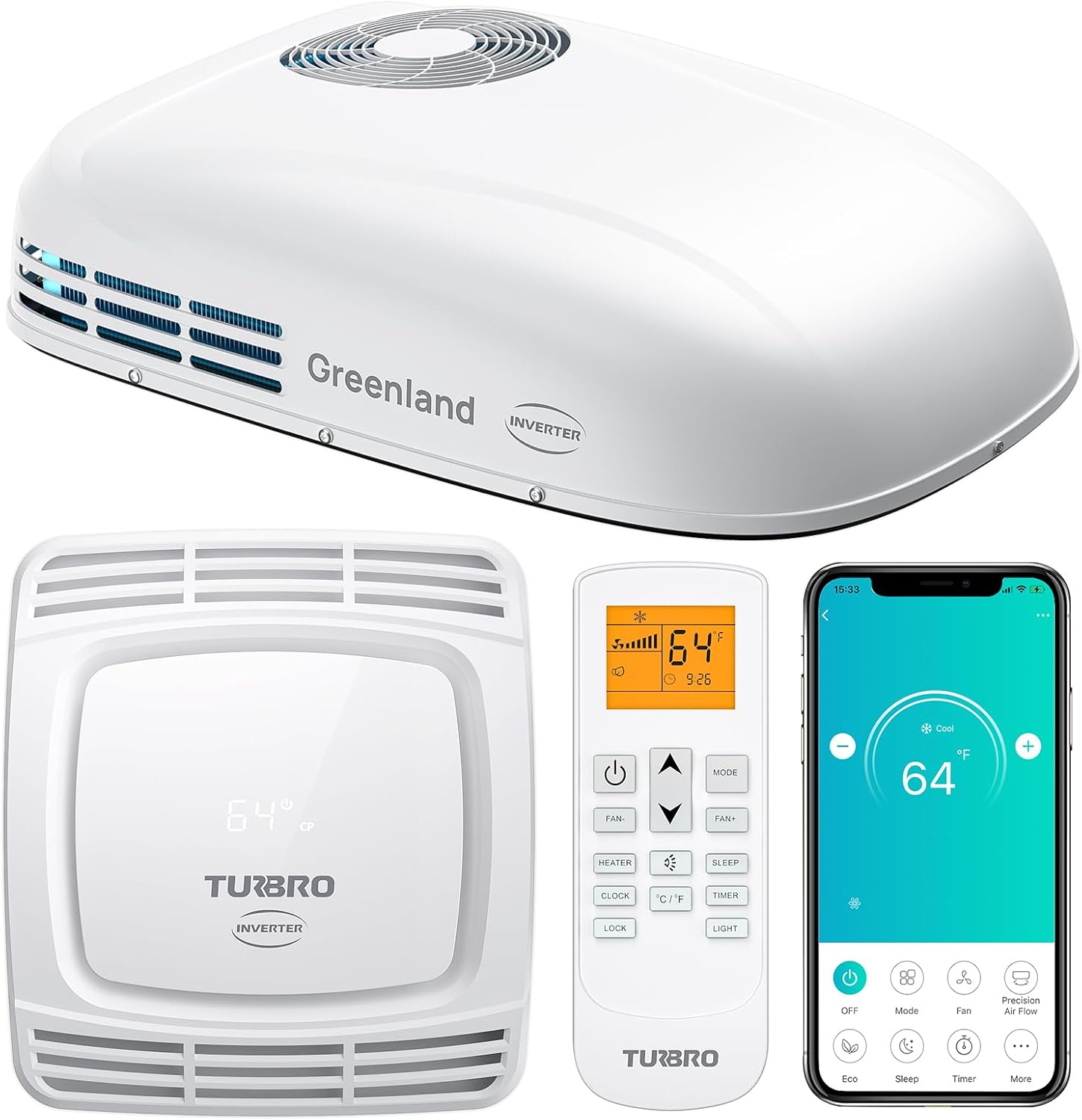 TURBRO Inverter 13.5K BTU RV Air Conditioner with Cooling and Heat Pump | Non-Ducted Low-Profile Rooftop Unit | Quiet Operation | WiFi & Remote Control | LED Atmosphere Light, White