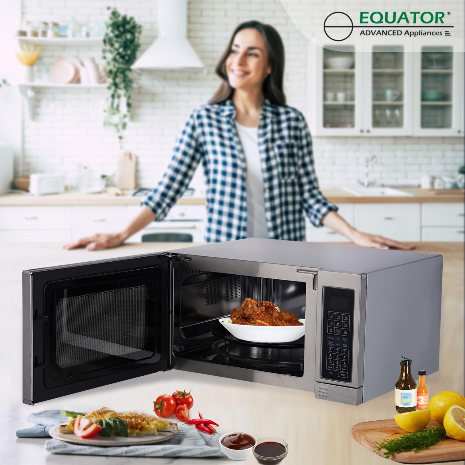 Equator Stainless Steel Range 3-in-1Microwave Oven 1.2 cu ft with Convection, Grill, and Sensor Cooking - Black SS Countertop 1100 Watts Capacity 12-inch Auto Function and Auto Defrost