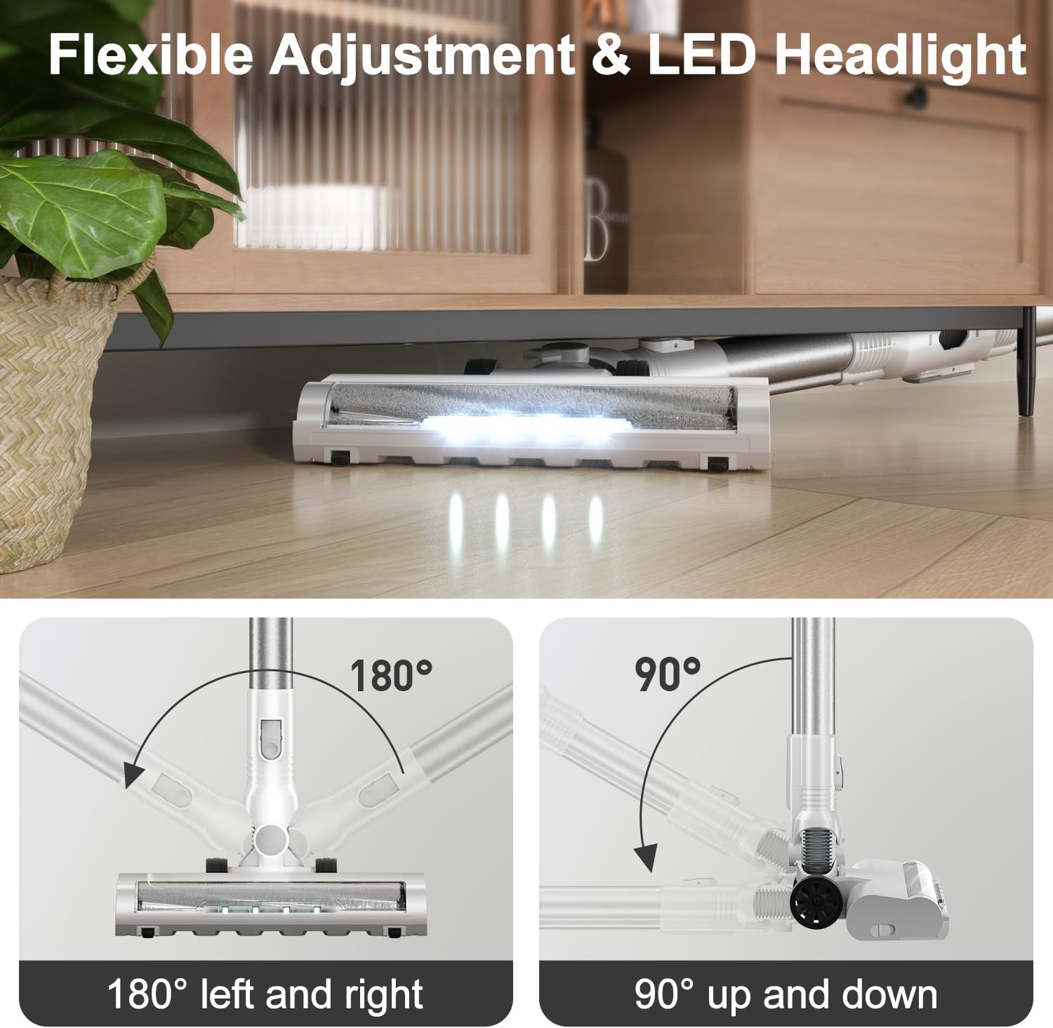 Cordless Vacuum Cleaner, Lightweight Stick Vacuum Cleaner, 6 in 1, Self-Standing with Powerful Suction, 180° Bendable Wand Rechargeable Cordless Vacuum for Hardwood Floor (White)