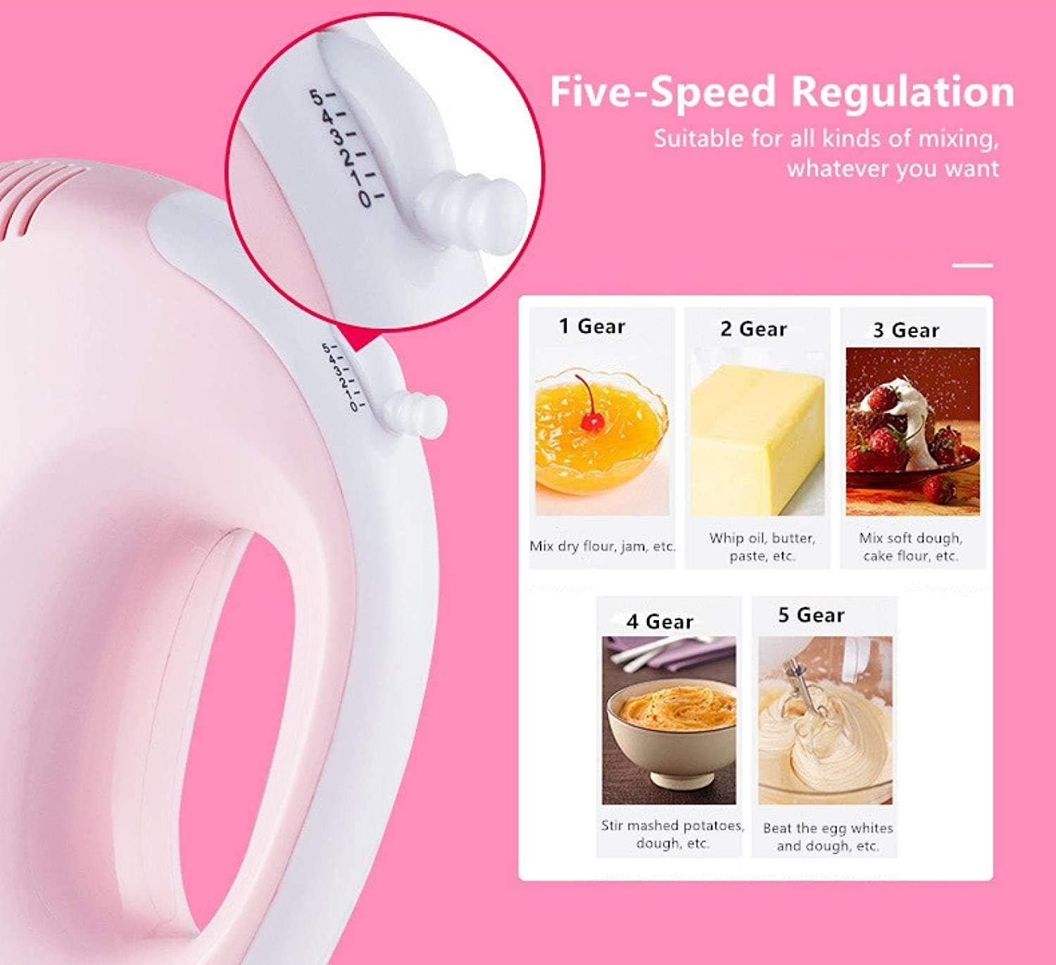 KouRy Multifunctional Electric Whisk Household 5-Speed Hand-held Whisk Mixer Automatic Cake Mixer Kitchen Small Appliances (Pink)