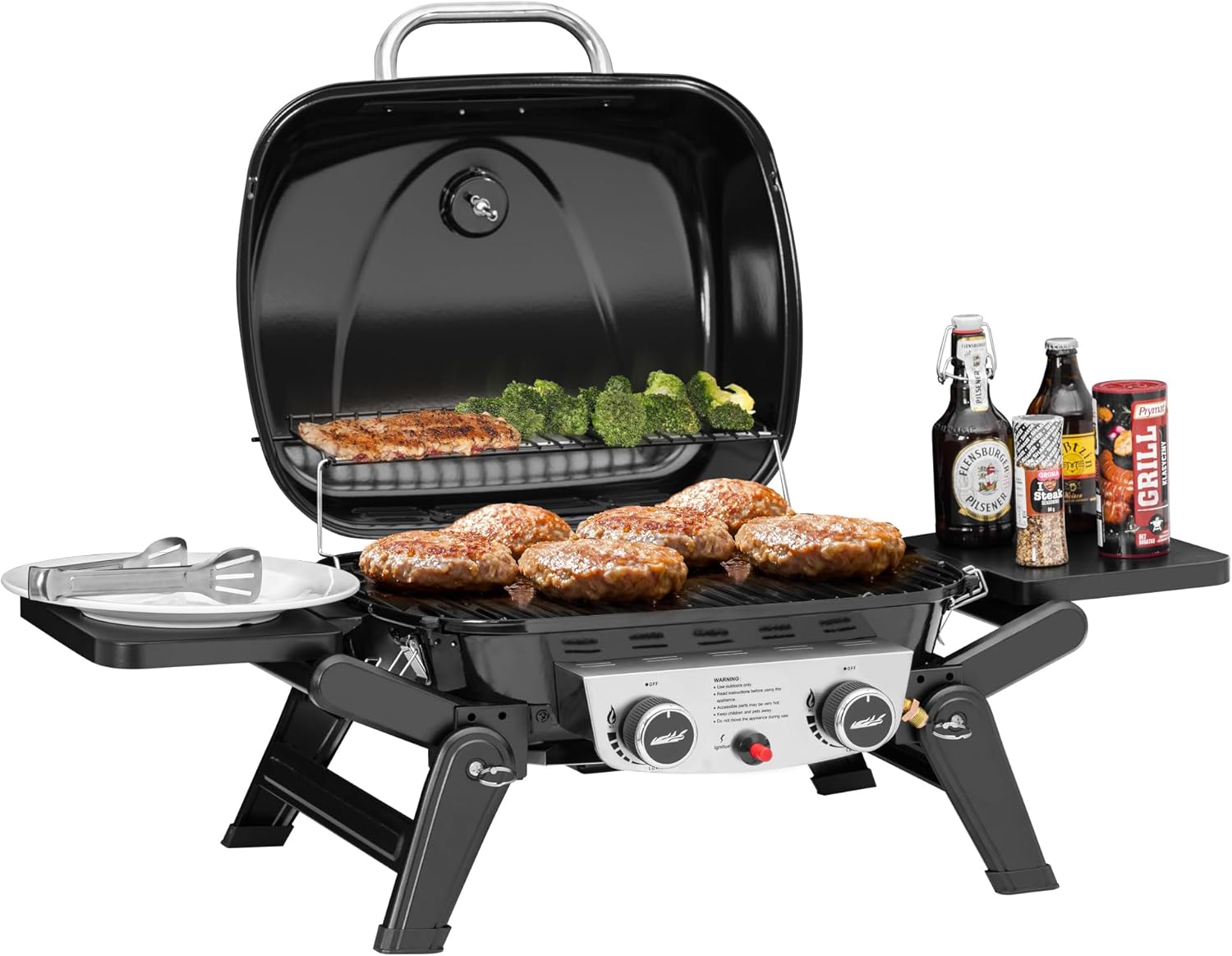2-Burner Portable Propane Gas Grill with Foldable Side Tables and Legs, Outdoor Tabletop Gas Grill with Warming Rack for Travel, Picnic, Tailgate, Camping, Black, GT2005-SC