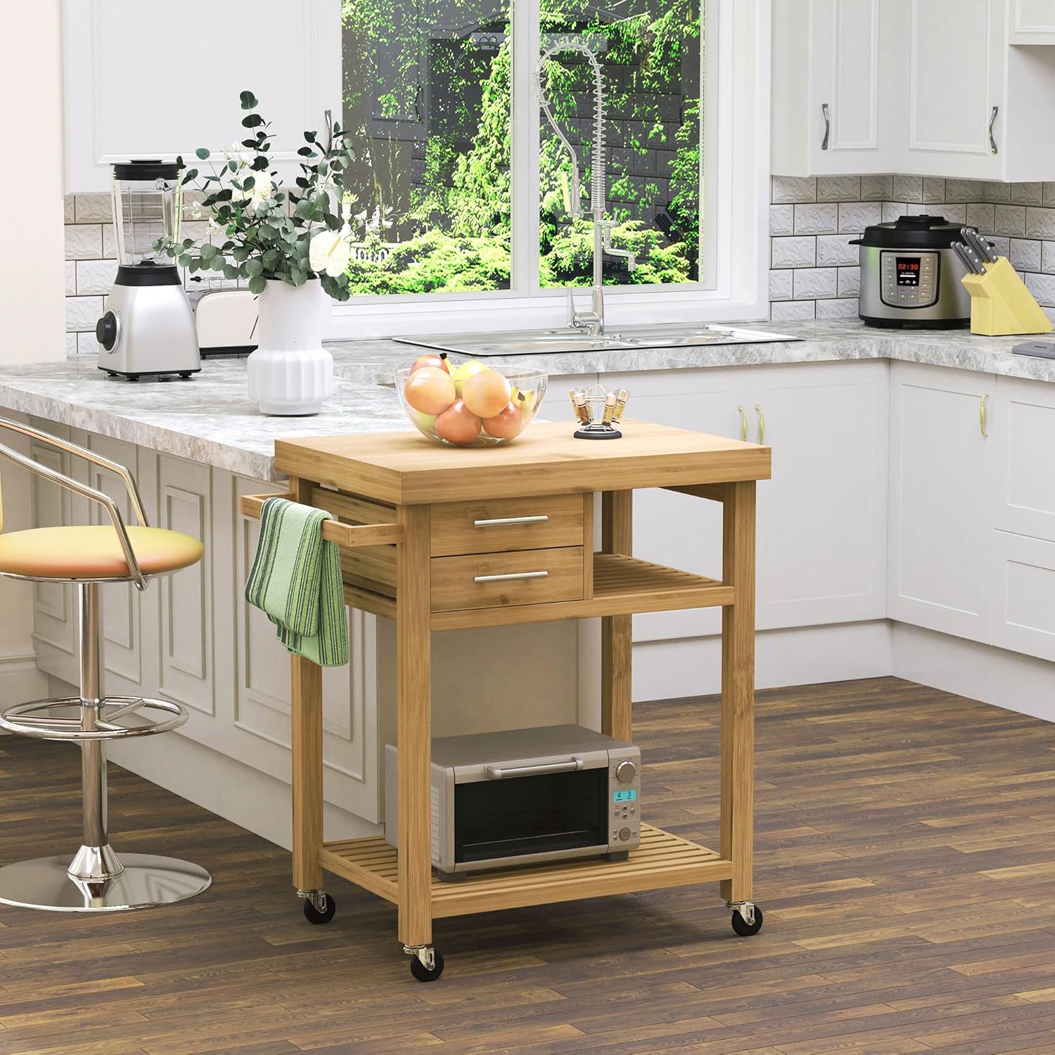 HOMCOM Bamboo Kitchen Island on Wheels, Utility Trolley Cart with 2 Storage Drawers, Butcher Block Cart with Open Shelves, Bamboo Tone