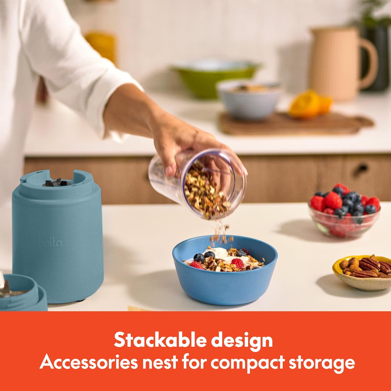 bella 6 Pcs Portable Rocket Blender, Juicer & Smoothie Maker, Press & Twist Design, EverGood™ & BPA Free Dishwasher Safe Parts, 4 Tip Stainless Steel Blade, Cord Wrap, 240 Watt Motor, Surf