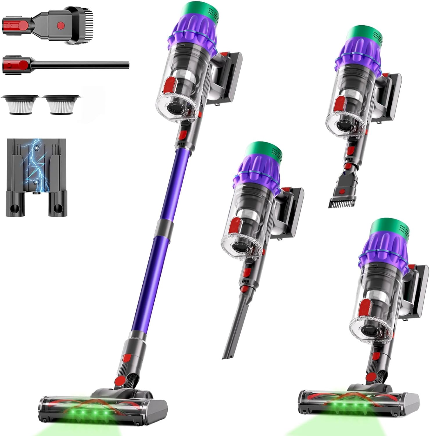 Cordless Vacuum Cleaner, 650W 48KPA 60Min Vacuum Cleaners for Home, Self-Standing Stick Vacuum with Green Light Anti-Tangle, Hand Vacuum Cordless Rechargeable for Pet Hair Carpet Hard Floors Purple