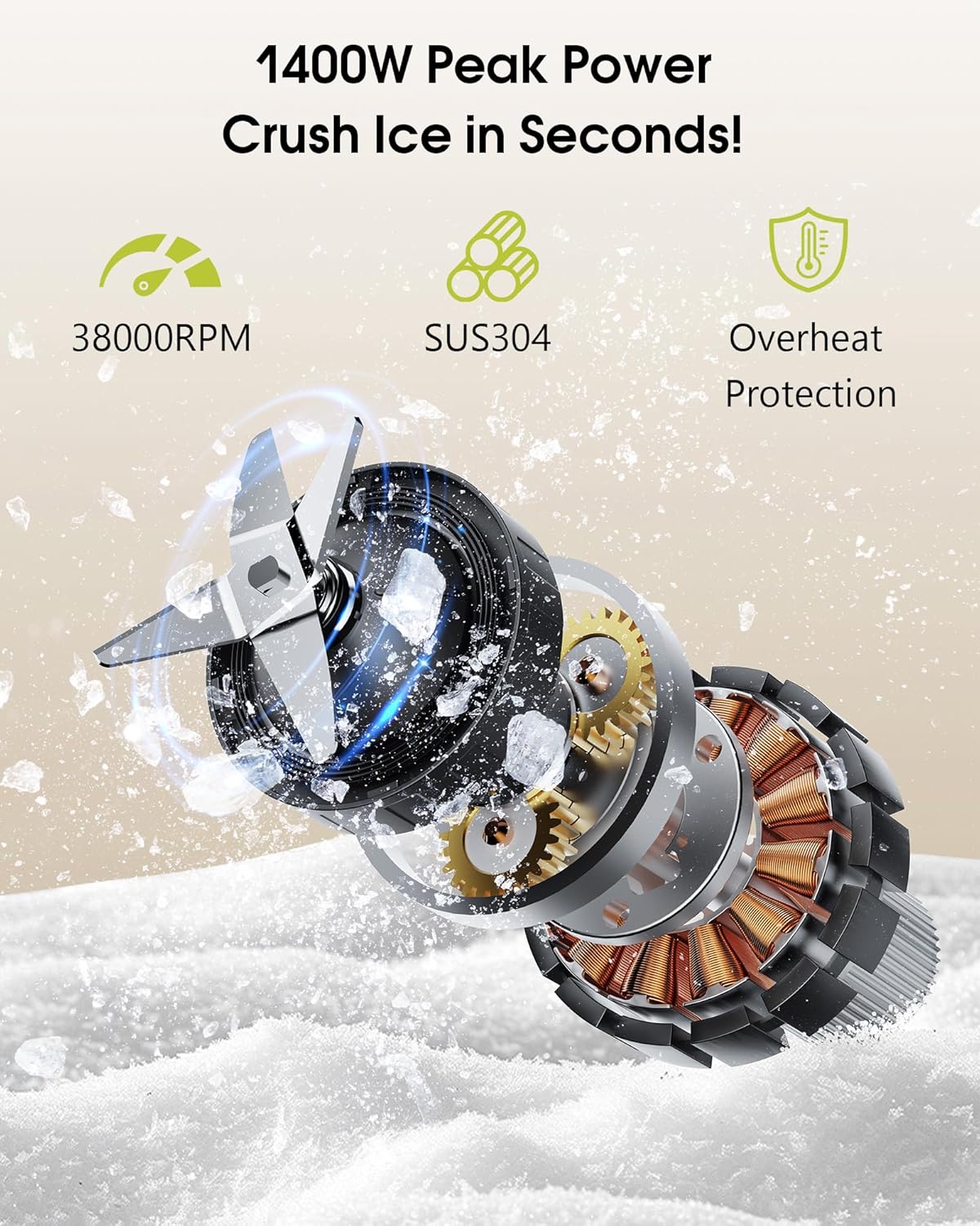 Countertop Blenders for Kitchen, 1400W Professional Blender for Smoothies, 3 Functions with 5 Speeds Smoothie Blender, with 51-oz Glass Jar, Grinder & Portable Cup Combo, Self-Cleaning