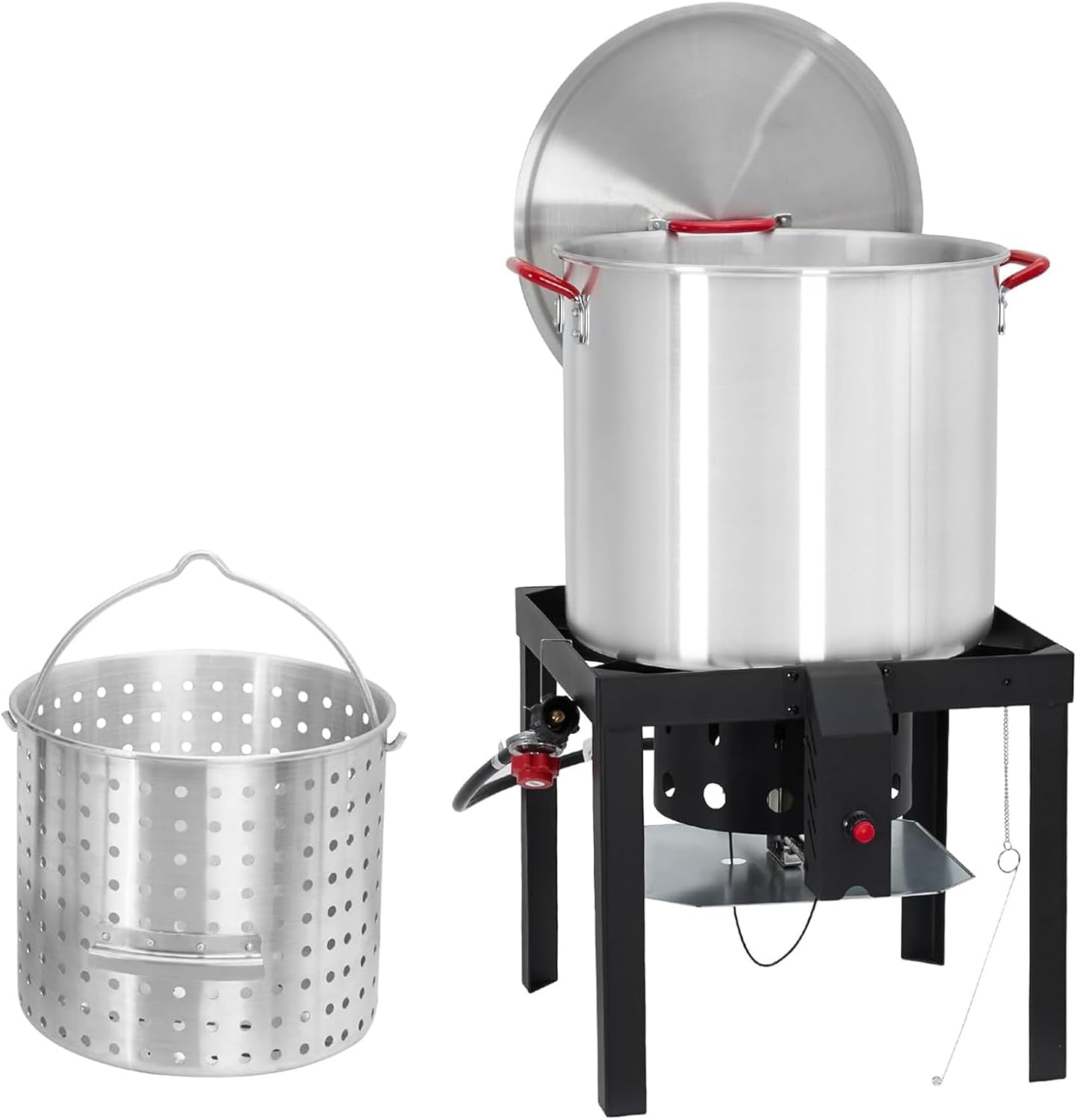 100 Qt Seafood Boil Pot, Outdoor Crawfish Boiler with Strainer Basket, 110,000 BTU Propane Burner Stand with Lifting Hook for Crab Boil, Shrimp, Tamales, Outdoor Cooking