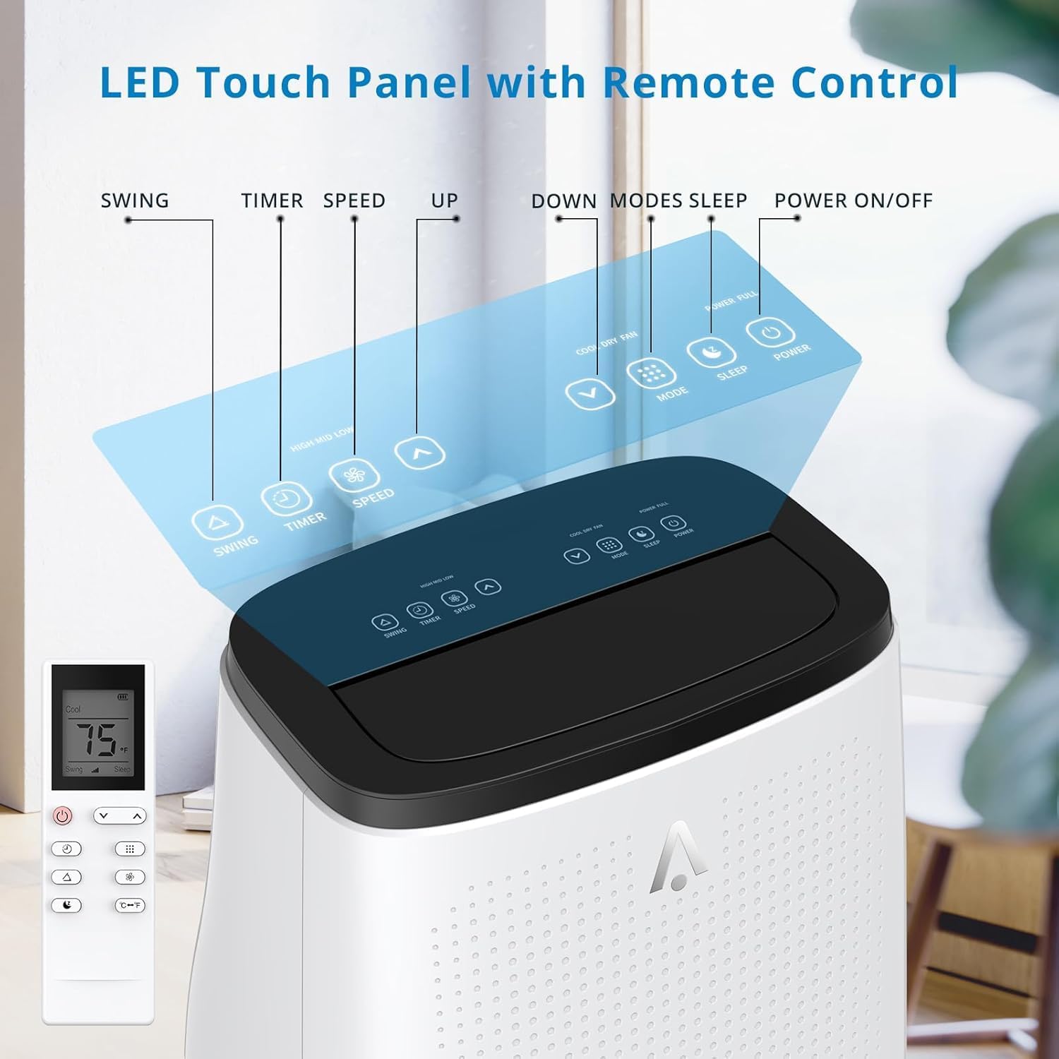 14000 BTU Portable Air Conditioner, 4-In-1 Quiet Portable AC Unit Up to 750 Sq. Ft, Portable Ac With Cooling, Fan, Dehumidifier,Energy Saving & Remote Control, for Rooms/Living Room, Black Top