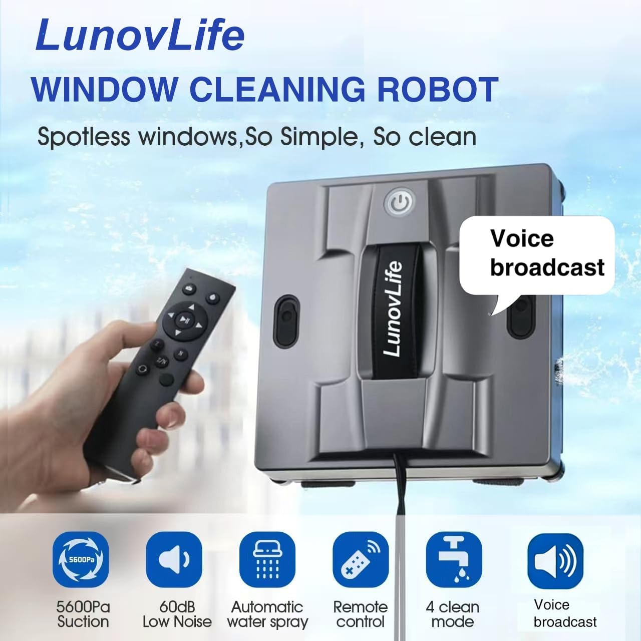 Window Cleaning Robot with 4-Way Water Spray, 5600Pa Automatic Robot Window Cleaner for Inside/Outside High Rise Glass, Smart Electric Vacuum Washer with Edge Detection, Remote Control(Grey)