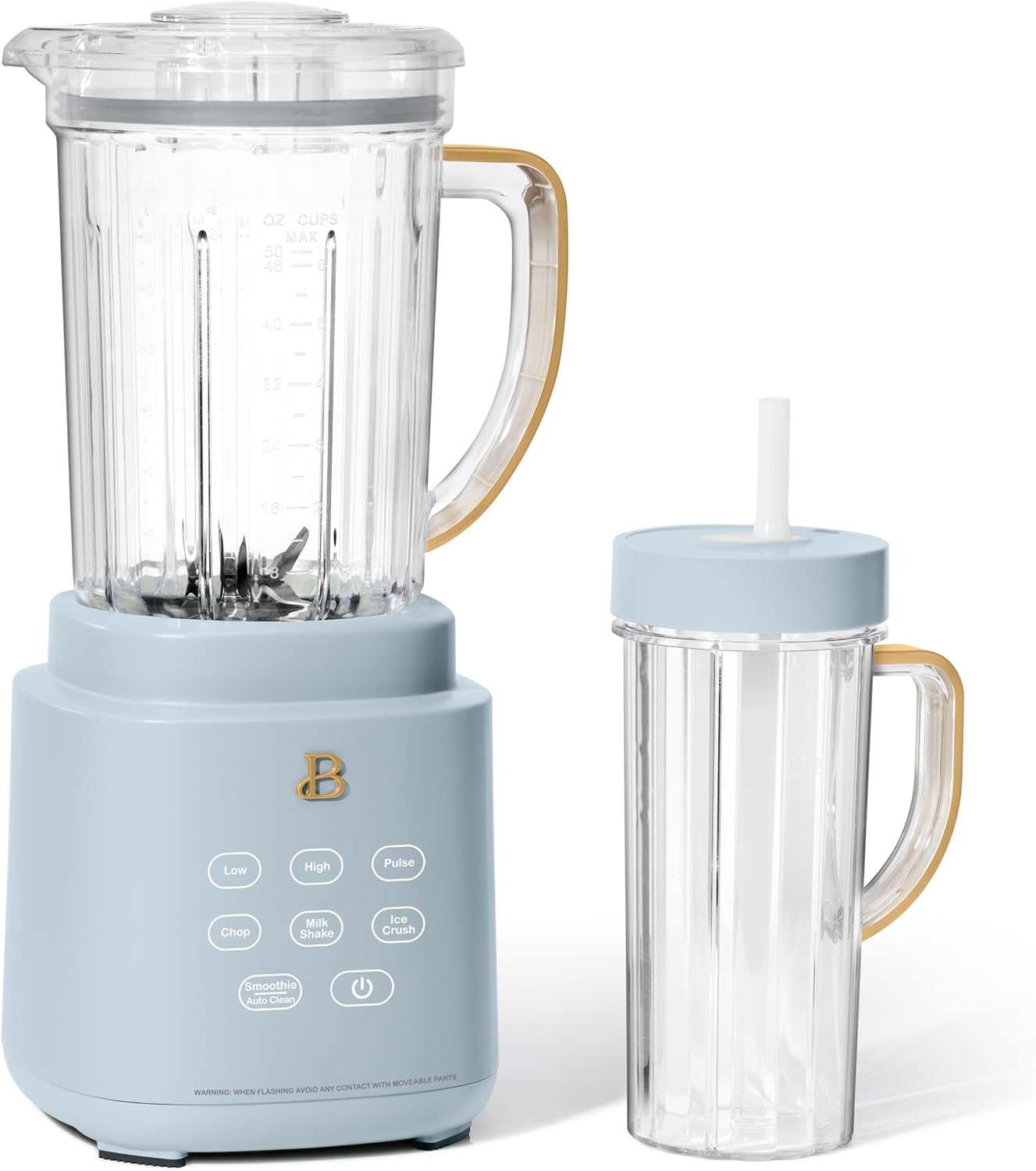 B'eautiful PowerExact High-Performance 700-Watt Blender by Drew Barrymore, 50-Ounce Pitcher, Stainless 4-Tip Blade, 3 Speeds + 4 Presets, Dishwasher-Safe Parts, Travel Cup Included (Cornflower Blue)