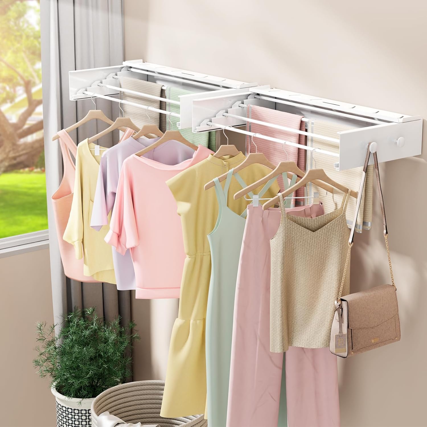 BAKON Wall Mounted Drying Rack with 4 Hooks and Shelf, Foldable Clothes Drying Rack for Laundry Room, Collapsible Laundry Rack Wall Mount, for Indoor Outdoor Hanging Clothes, 23.6 Inch