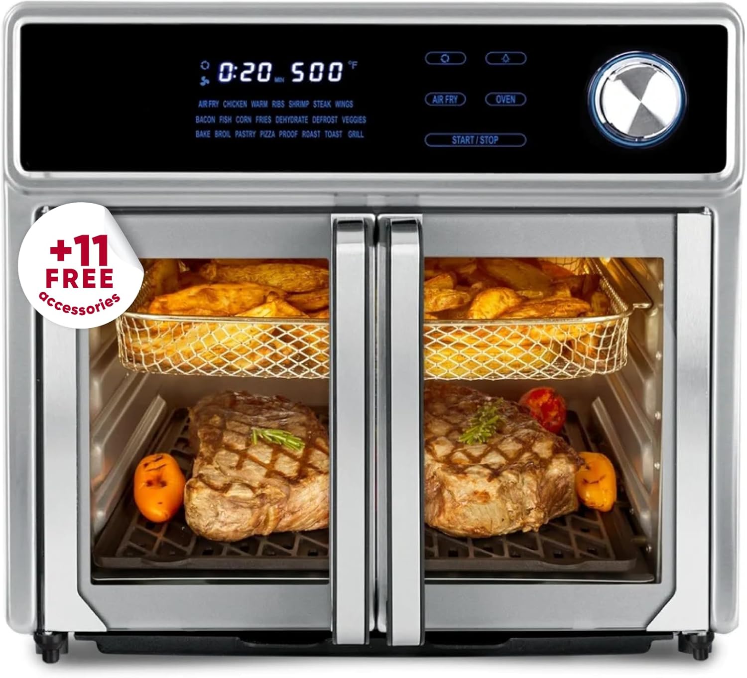 Large Air Fryer Oven 26-Quart |10-in-1 Countertop Stainless Steel Toaster Oven Combo | Non Toxic Family Size Air Fryer - Frying, Baking, Toasting, Dehydrating, Rotisserie | 1700W 360° Heating
