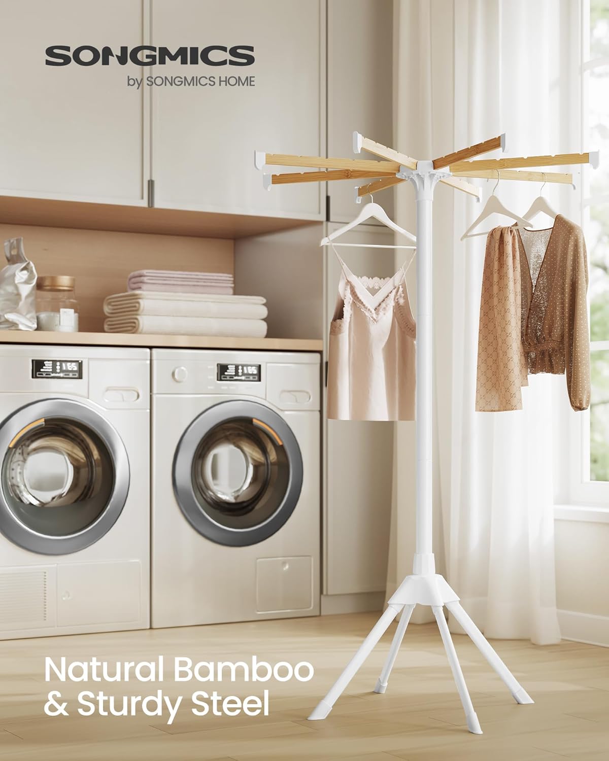 SONGMICS Clothes Drying Rack, with Bamboo Hanging Rods, Foldable Metal Laundry Rack, Space-Saving, Free-Standing Airer, Indoor Use, White and Natural ULLR516W01