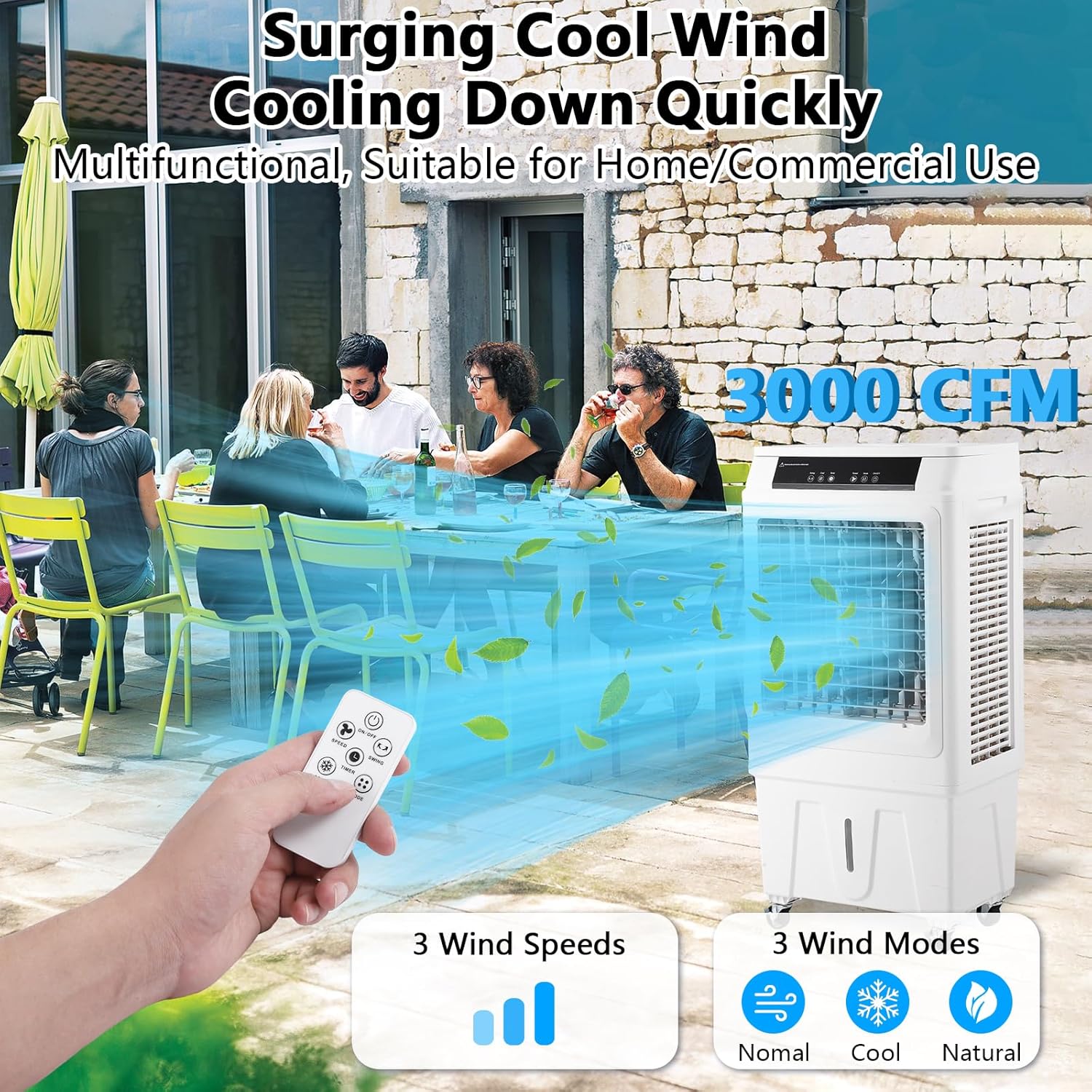 3000CFM Swamp Cooler, Evaporative Air Cooler with Remote Control and 12H Timer, 4 Ice Packs, 3 Modes & Wind Speeds for Outdoor Indoor Use, 10.3 Gallon