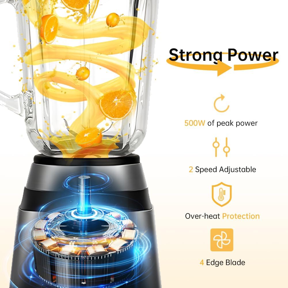 Personal Size Smoothie Blender with Cup for Kitchen 500W Stainless Steel Small Blender 2 Speed Adjustable with 48oz Glass Jar Double Serve Blender for Smoothies Shakes Drinks Baby Complementary