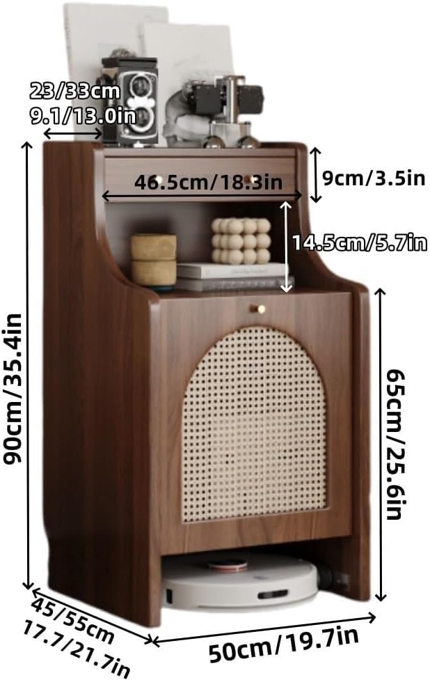 Side Table Robot Vacuum Cleaner Storage Cabinet Hidden Entryway Living Room Cabinet with Rattan Door Sofa Sideboard Solid Construction(Natural,55cm)