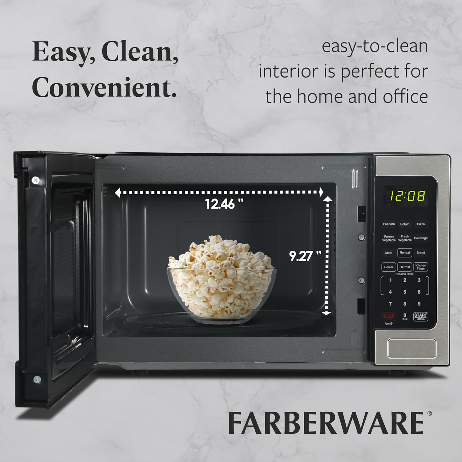 Farberware 0.9 Cu. Ft. Countertop Microwave Oven – 900 Watts Power, Auto Cook Settings, Defrost, Easy Clean and Child Safety Lock - Stainless