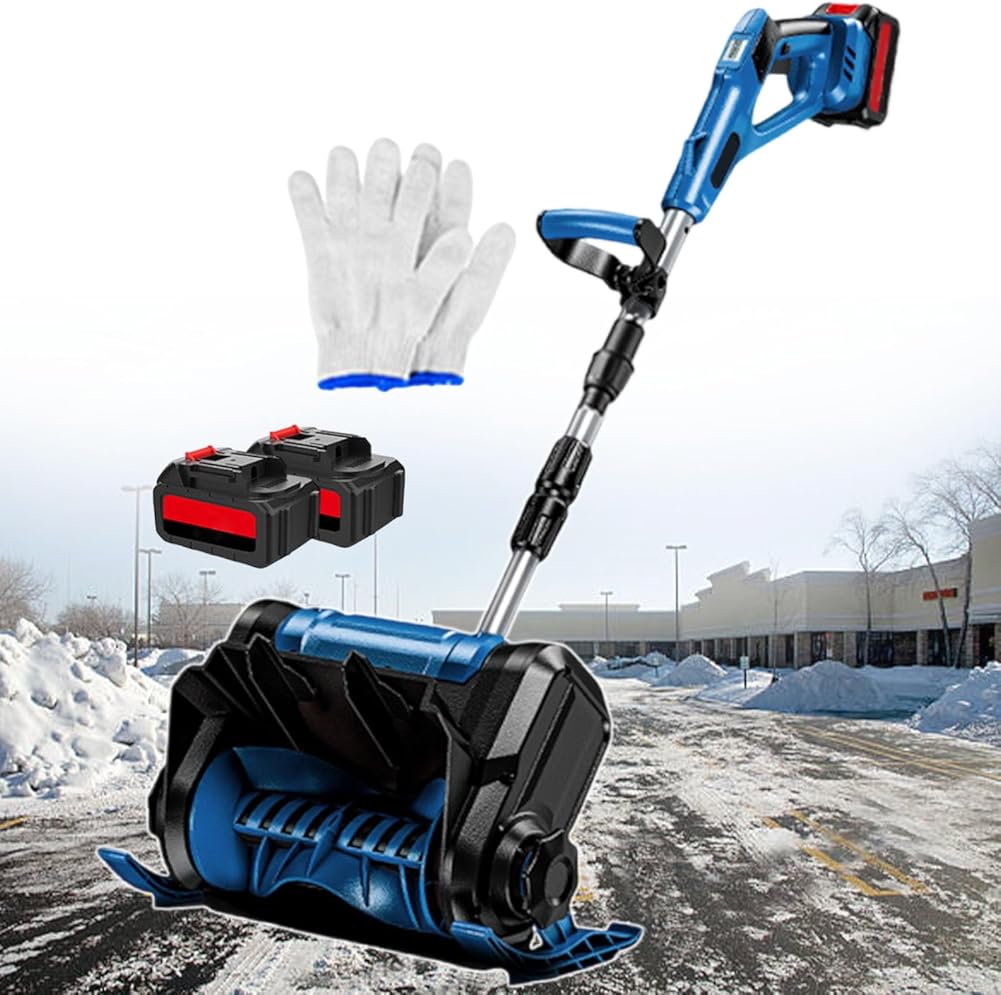 Battery Powered Electric Snow Blower,Cordless Snow Shovel,Cleaning Width Up to 30 cm,3 Directions Adjustment Electric Snow Thrower w/Charger,for Property (Blue 2batteries)