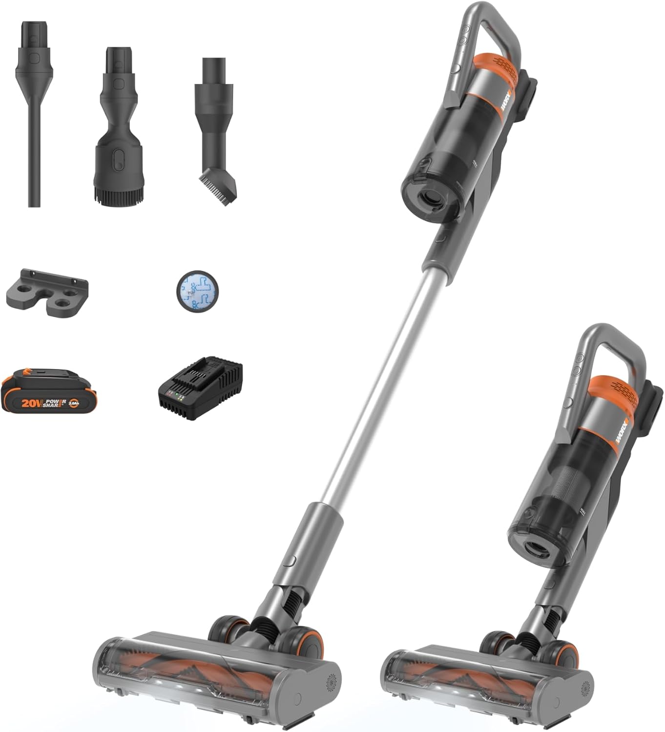 WORX 20V Cordless Stick Vacuum WX038L.1, Powerful Cordless Vacuum Cleaner 25Kpa High Suction for Pet Hair, Lightweight Handheld Vacuum Cleans Floors Carpet Car – Battery & Charger Included