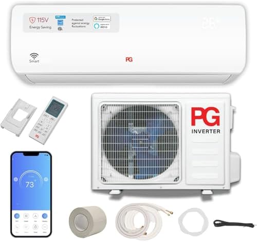 PG Split System Air Conditioner 12,000 BTU Heat Pump, 17 SEER Ultra Energy Efficient, Quiet Operation, Indoor & Outdoor Units, 115V, Wi-Fi Smart Control
