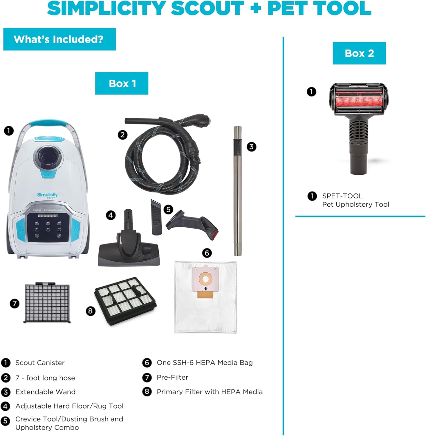 Simplicity Vacuums Scout Upholstery Vacuum Cleaner and Pet Hair Tool Bundle, Use Pet Vacuum Cleaners for Pet Hair on Couch and to Vacuum Hardwood Floor, Rugs and Above Floor Areas