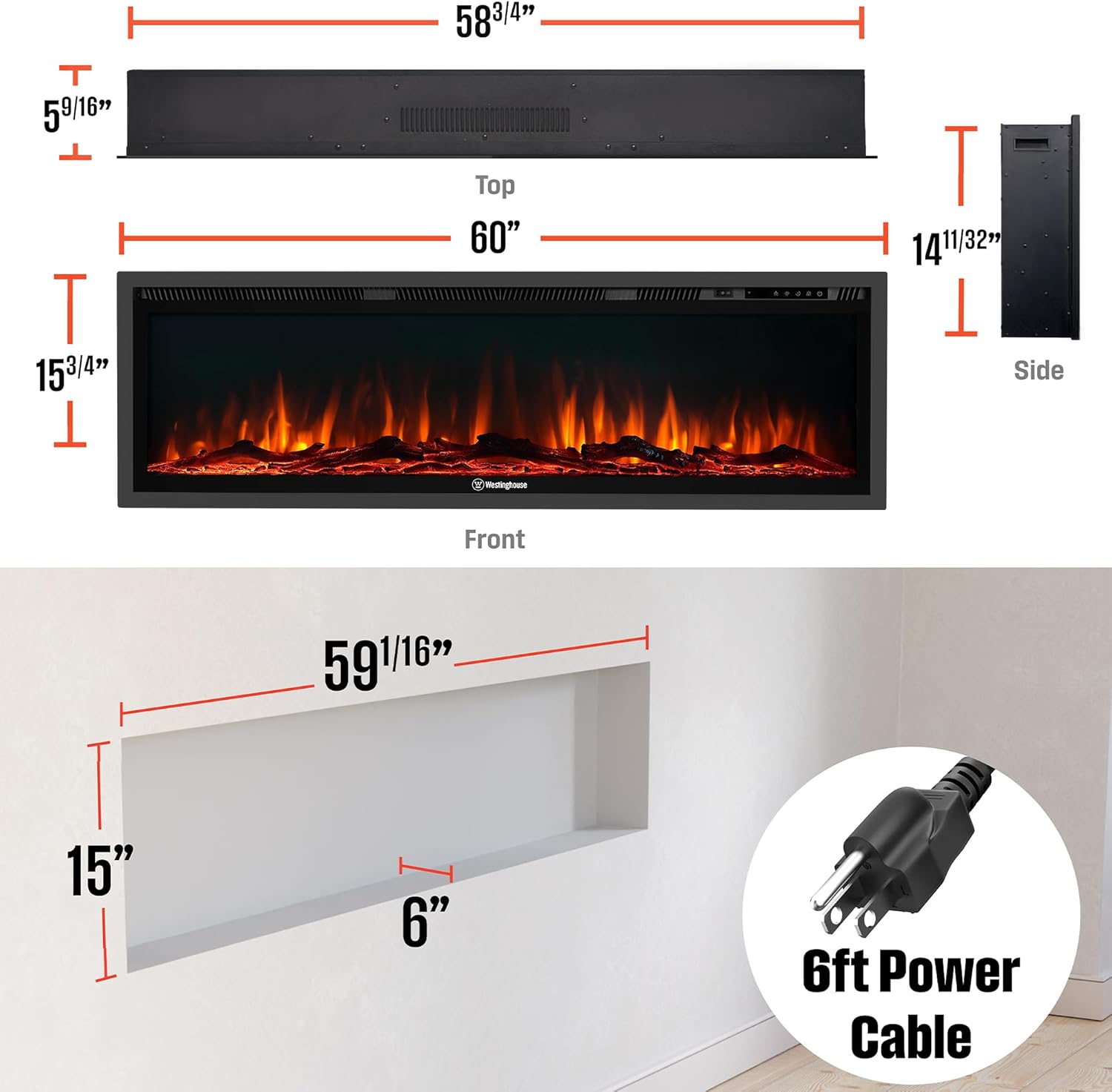 Westinghouse 60 Inch Electric Fireplace Heater, Compatible with Alexa & Google Home, Wall Mount or in-Wall Recessed Fireplace Insert, 24 Hour Timer, Color Changing Flames, 750W/1500W Indoor Heater
