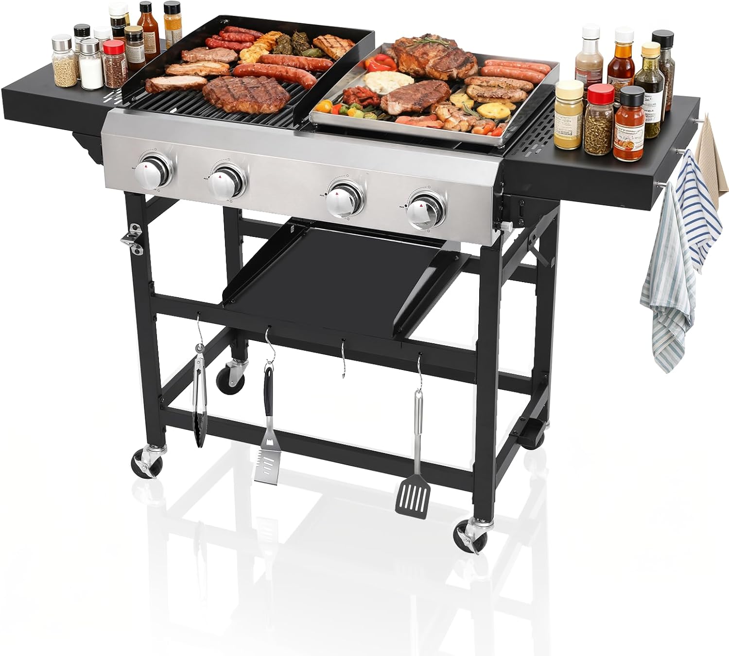 4 Burner Gas Grill and Griddle Combo with Foldable Side Table, Wheels, Stainless Steel Burners, Hooks, 38,240 BTU Gas Grill for Patio, Garden Barbecues