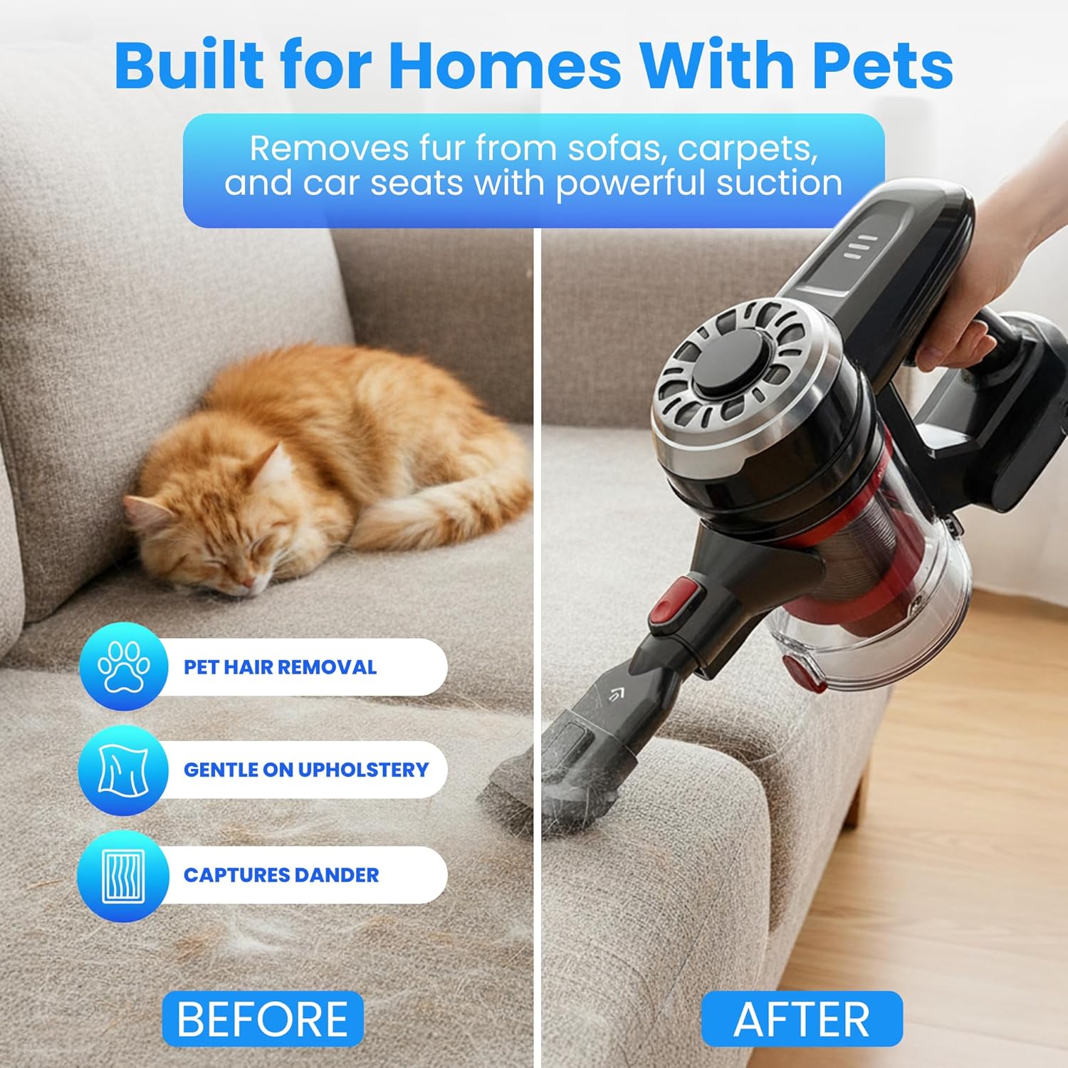 Cordless Stick Vacuum, Red, 45 Min Runtime, LED Headlights, 2-Speed, Telescopic Tube with Main Vacuum Brush, Crevice Tool, dust Brush, Removable-Rechargeable Battery Pack with Charging Cord