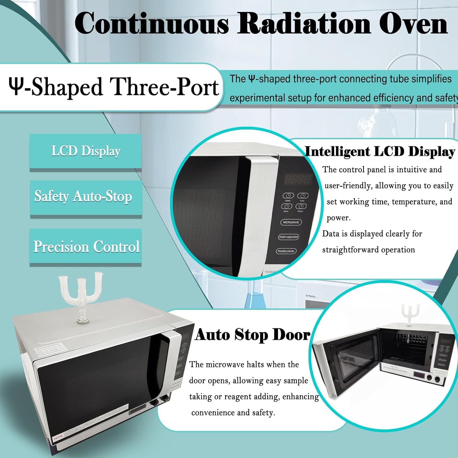 Lab Microwave Reactor Continuous Radiation Oven 800W Output,with Magnetic Stirring 1.7-16.9fl.oz,304 Stainless Steel Chamber, Safety Auto-Stop,0-1800rpm,LCD Display 220V 1PH
