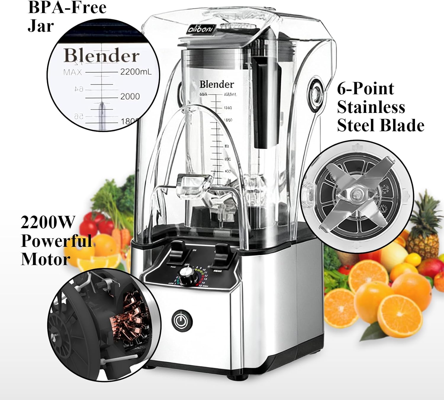Commercial Blender for Smoothies 2200W With Soundproof Cover, 2200 ML, 15 Speeds, 6-leaves Stainless Steel Blade,Heavy Duty Blender for Restaurant,Ice Crush,Shakes, 9.5