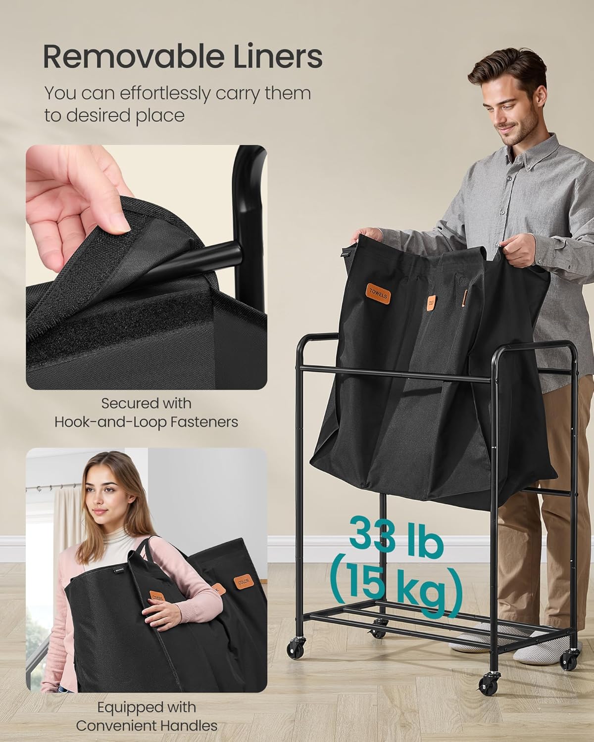 SONGMICS 3-Section Laundry Sorter, Laundry Hamper with Wheels, Rolling Clothes Hamper Cart with Large Capacity and Removable Bags, for Laundry Room, Bedroom, Bathroom, Ink Black URLS330B01