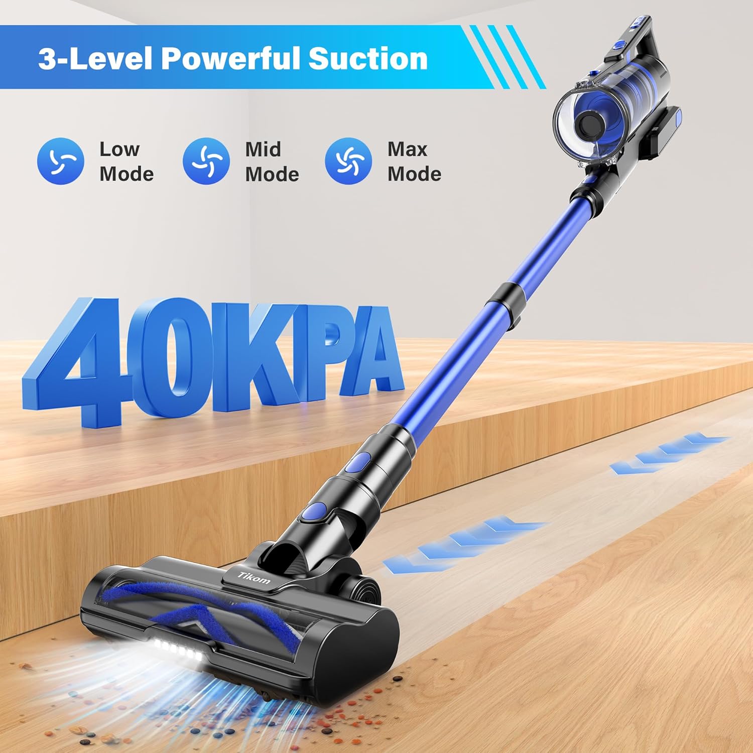 Tikom Cordless Vacuum Cleaner for Home, 450W/40000pa Stick Vacuum, Anti-Tangle, Lightweight Handheld Vacuum for Hard Floor, Pet Hair, V700