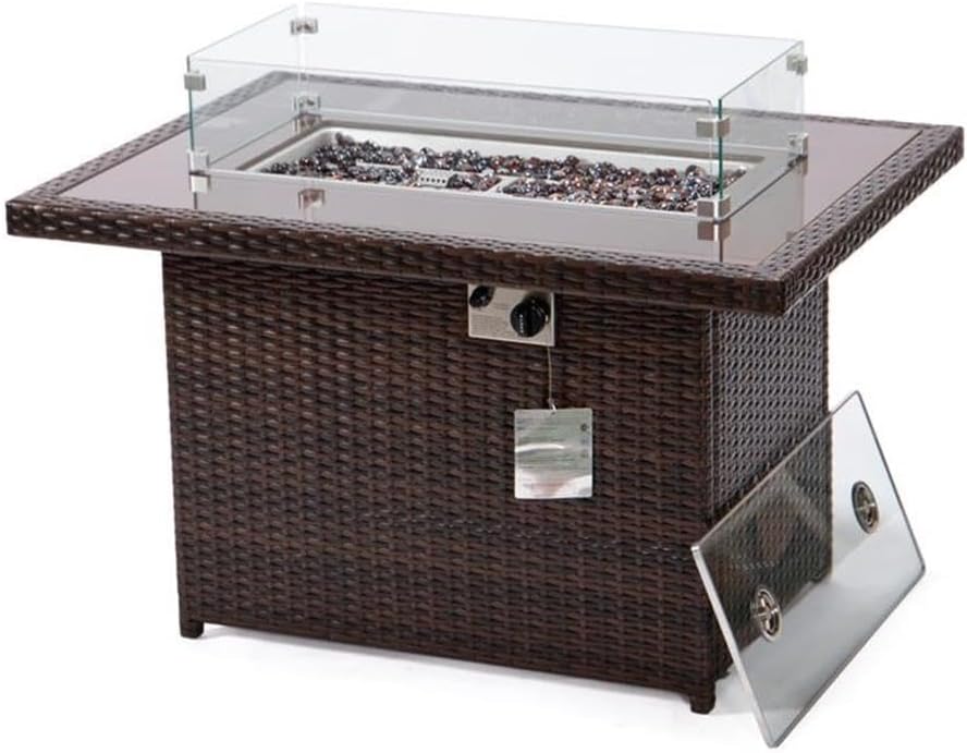 LeisureMod 44-Inch Propane Fire Pit Table, 50,000 BTU Auto-Ignition Gas Fire Pit with Lid, Tempered Glass Wind Guard & Decorative Stones, Dark Brown