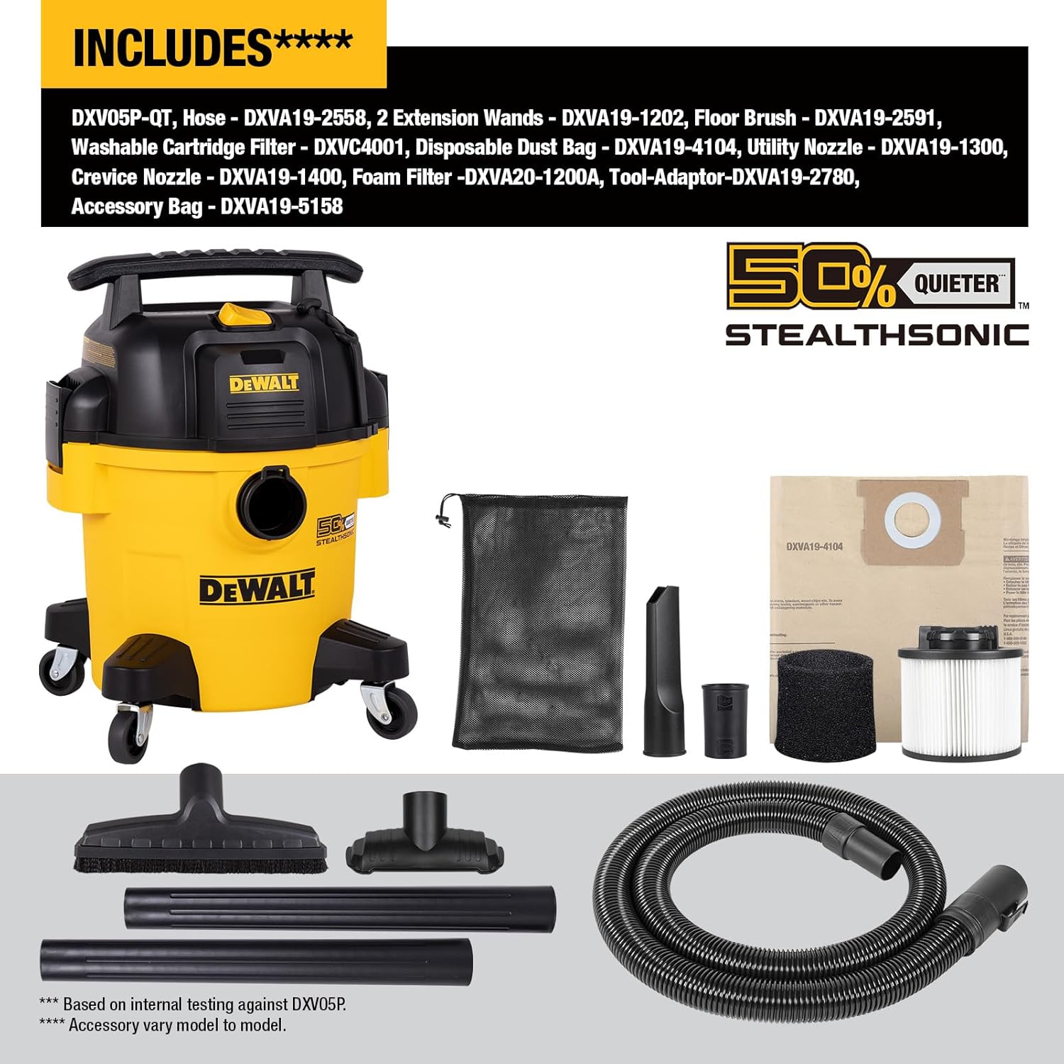 DEWALT 5 Gallon STEALTHSONIC Ultra-Quiet Wet/Dry Shop Vac, 4 Peak HP Powerful Suction, Built for Long-Lasting Performance, Portable Vacuum for Garage, Workshop & Jobsite, DXV05P-QT