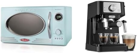 Nostalgia Retro Countertop Microwave Oven - Large 800-Watt - 0.9 cu ft & De'Longhi Stilosa Manual Espresso Machine, Latte & Cappuccino Maker