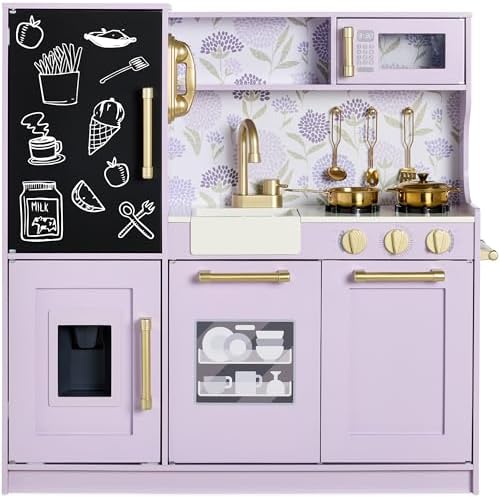 Best Choice Products Pretend Play Kitchen Wooden Toy Set for Kids w/Realistic Design, Telephone, Utensils, Oven, Microwave, Sink - Lavender