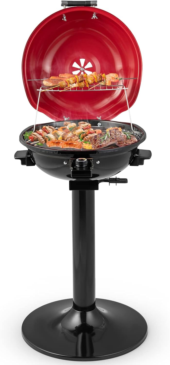 HAPPYGRILL 1600W Electric Grill Outdoor, Portable BBQ Grill with Warming Tray, Removable Non-Stick Grill Rack, Adjustable Temperature& Oil Drip Tray for Patio, Camping, Picnic