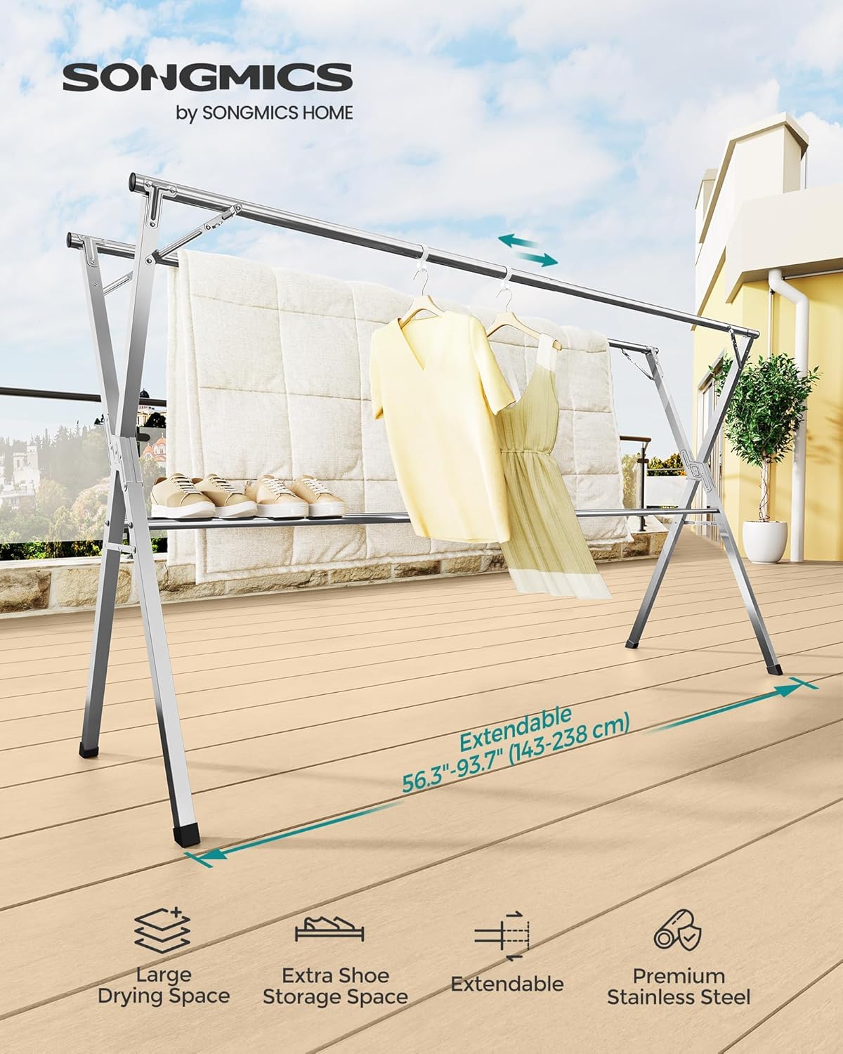SONGMICS Clothes Drying Rack, Heavy-Duty Laundry Drying Rack, 56.3-93.7 Inches Extendable, Foldable Freestanding Airer, Stainless Steel, for Indoor Outdoor Use, Dove Gray ULLR903E01