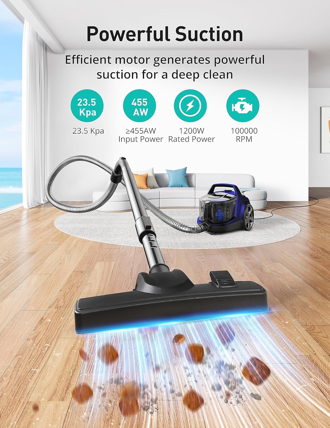 Aspiron Canister Vacuum Cleaner, Lightweight Bagless Vacuum Cleaner, 3.7QT Large Dust Cup, Automatic Cord Rewind, 5 Tools, HEPA Filter, Variable Speed Portable Vacuum for Hard Floors, Pet, Car, Blue