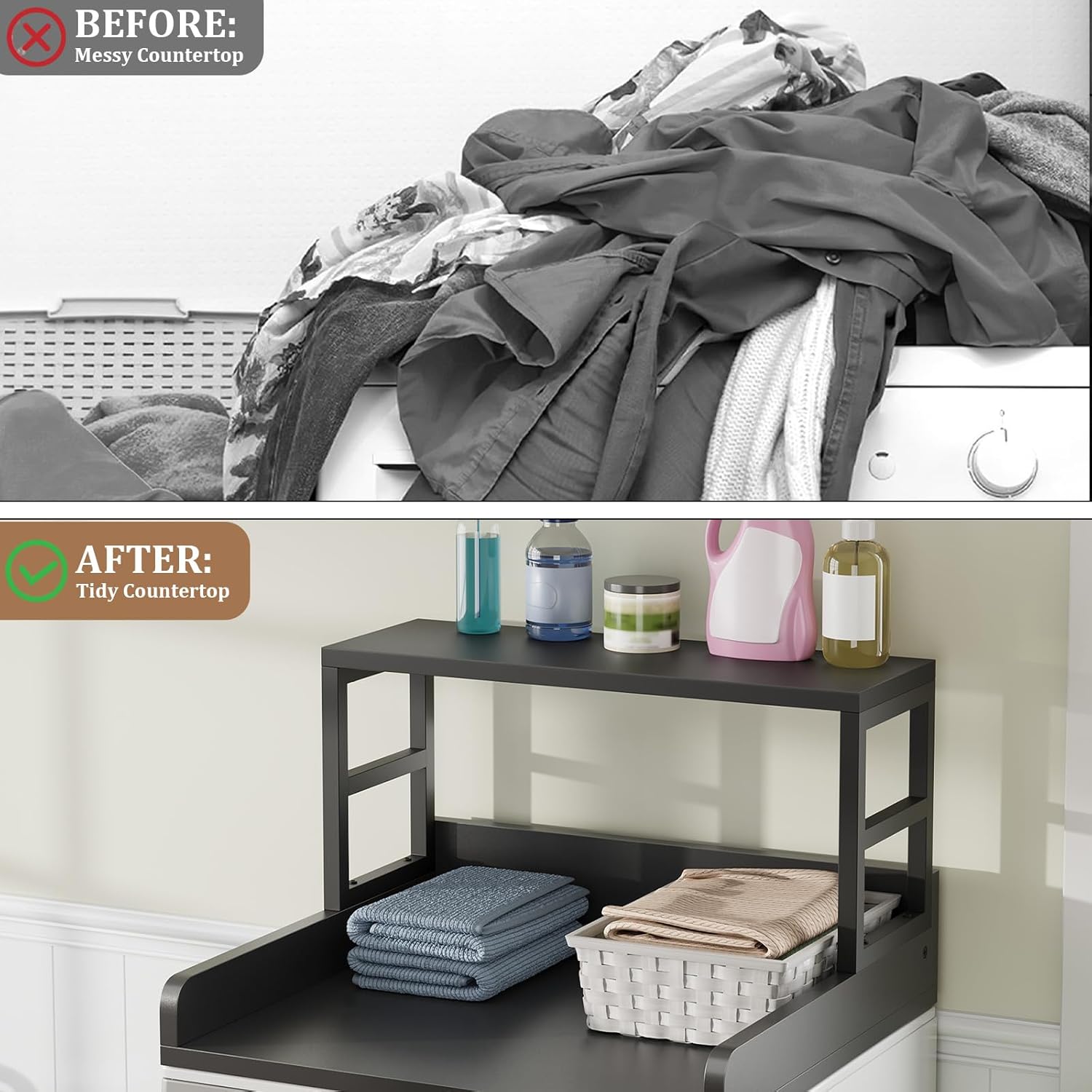 Washer Dryer Countertop with Shelf, 23.62″D x 23.62″W x 16.57″H, Countertop for Washer and Dryer Top with Non-Slip Pads and Edge Rails, Laundry Room Storage and Organization(Black)