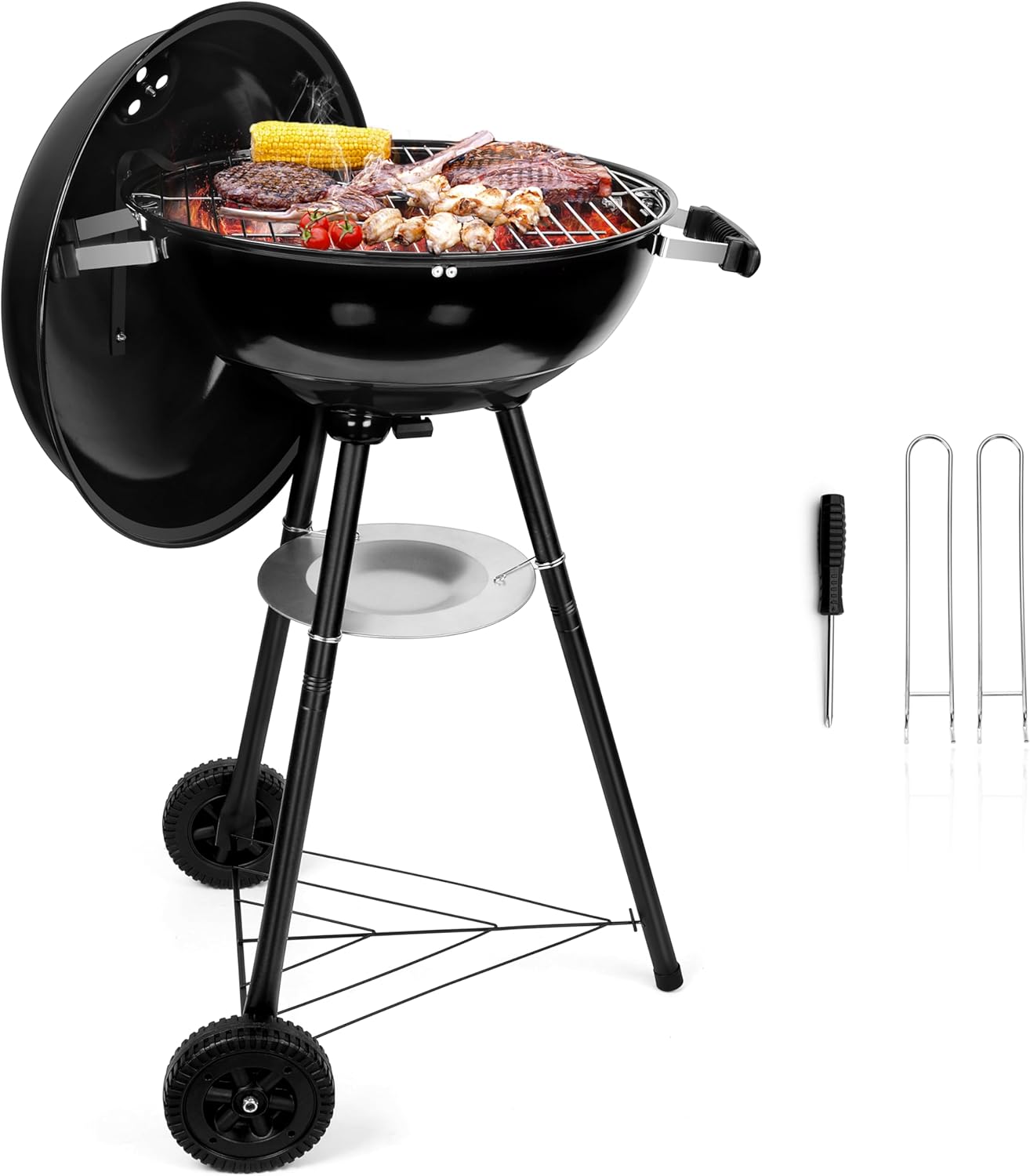 HaSteeL 18 Inch Charcoal Grill, 27-Piece Kettle Outdoor Barbecue Grill, Portable 2-In-1 Black BBQ Grill for Camping/Backyard/Patio/Picnic, Porcelain-Enameled Lid & Fire Bowl, 254.SQ.IN Cooking Area