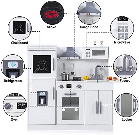 Garvee Wooden Play Kitchen Set, Pretend Play Kitchen with Cookware Accessories, Microwave, Oven, Sink, Real Lights & Sounds for 3+ Chef Pretend Play, White