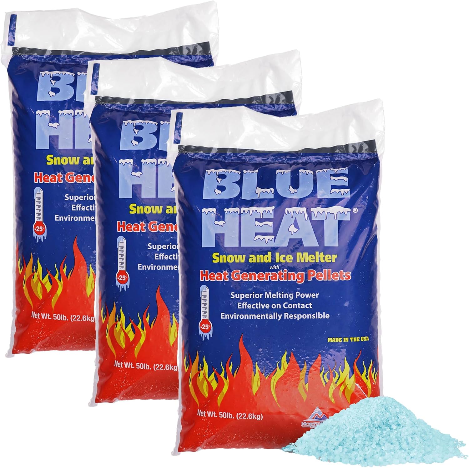 Blue Heat 3 Pack Ice Melt Pellets, Calcium Blend Deicer Snow Melter for Driveway, 50 Lb - Pet-Friendly Winter Relief with Magnesium, Calcium, and Sodium Formula, BH50