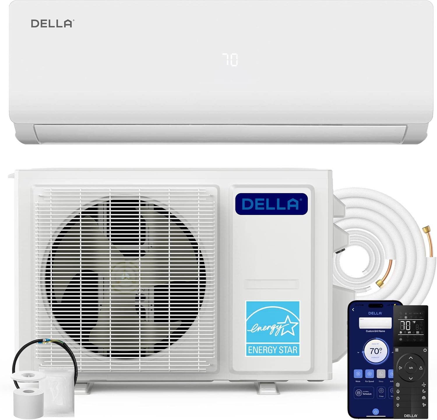 DELLA Vario Series 9000 BTU Mini Split Air Conditioner,Work with Alexa and Wifi, 230V 20 SEER2, Energy Star, Cools Up to 400 Sq.Ft, Ductless Inverter System,0.75 Ton Pre-Charged Heat Pump,16.4ft Kits