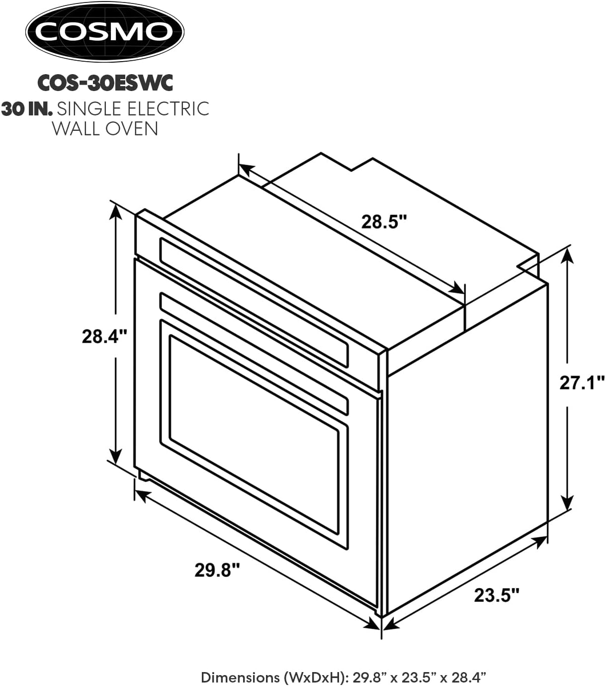 COSMO COS-30ESWC 30 in. Haven Collection 5 cu. ft. Electric Wall Oven with True European Convection and Self Cleaning in Stainless Steel