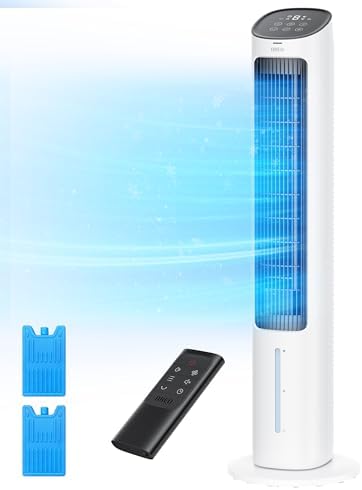 Dreo Evaporative Air Swamp Cooler, 40” Standing Fans that Blow Cold Air, 80° Oscillating Bladeless Cooling Fan for Bedroom, Removable Water Tank, Ice Packs, Remote Control, 4 Speeds, White and Black